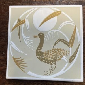 VTG Duck Decorative Italy Tile Trivet Neutral Colors Reeds Glossy Bird Goose Art